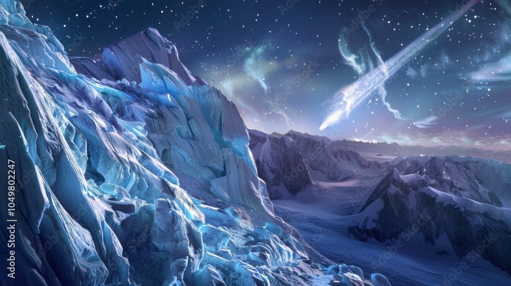 Poster a mesmerizing view of a high-altitude glacier with angular, jagged ice formations and a rare, bright