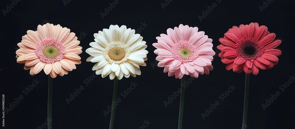 Aufkleber Blooming four gerbera blossoms on a black background. with copy space image. Place for adding text or design