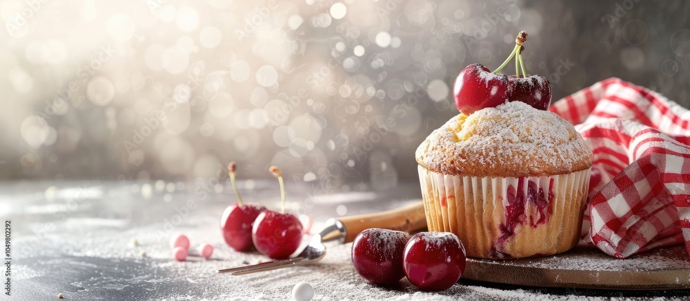 Fototapete cherry muffin and cooking tools. with copy space image. place for adding text or design