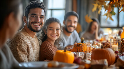 Fototapeta premium Family celebrating around a autumn dinner table smiling during evening 
