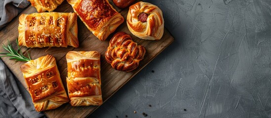 Sausage rolls and Pigs in Blankets made with puff pastry on a wooden board Gray backdrop Top view. with copy space image. Place for adding text or design