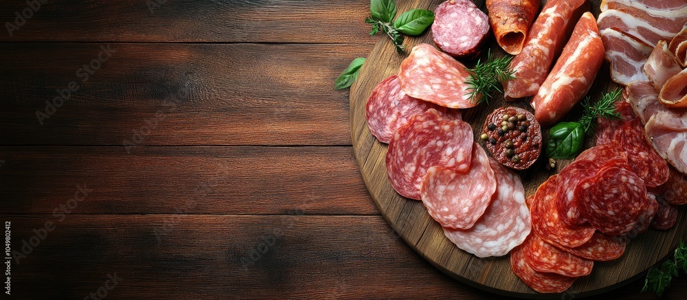 Leinwandbilder board featuring a variety of delicious deli meats on a wooden surface. with copy space image. place 