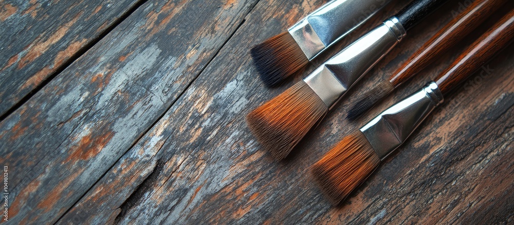 Aufkleber Gestalt palette brushes on a wooden background. with copy space image. Place for adding text or design
