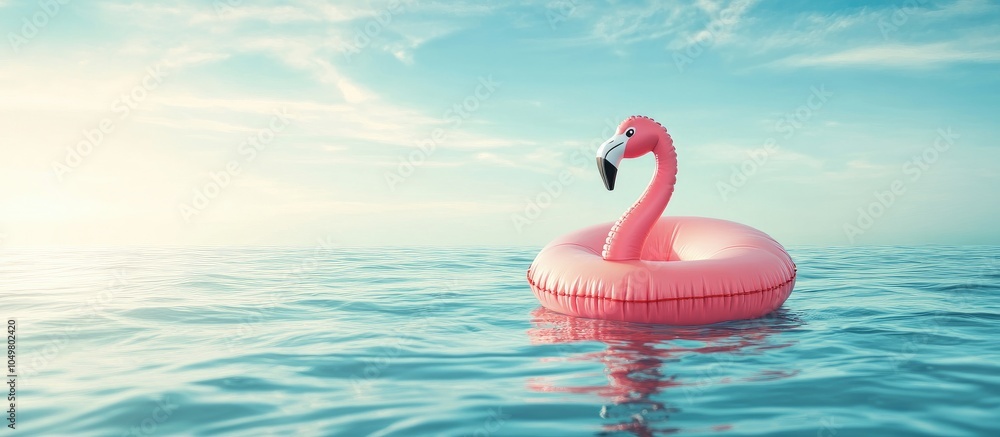 Poster inflatable pink flamingo floating on the water relaxing vacation at sea. with copy space image. plac
