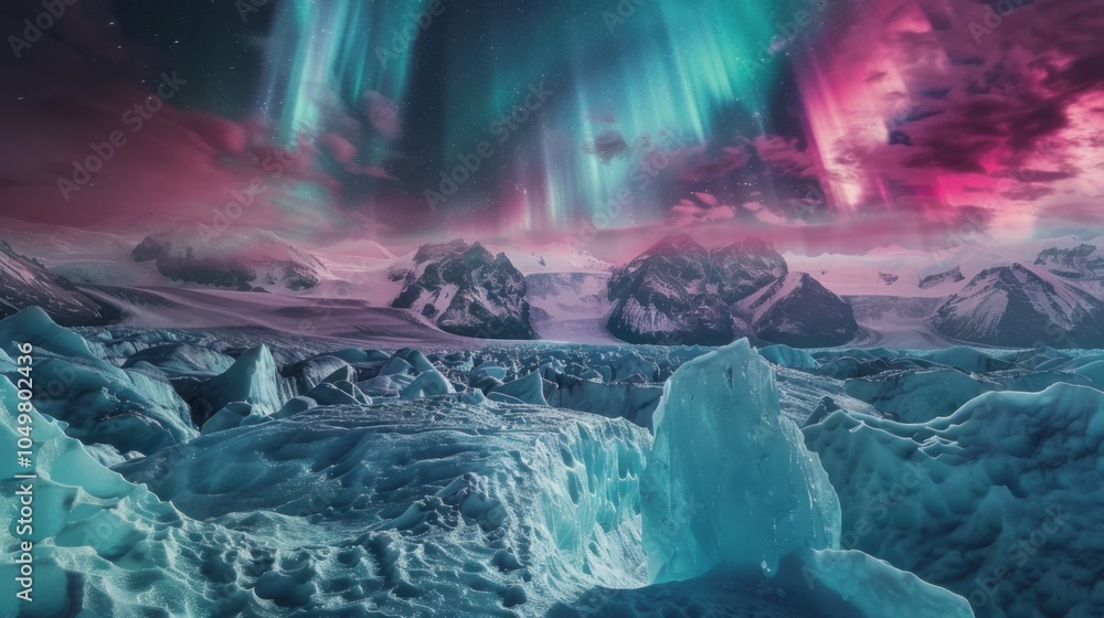 Poster a mesmerizing view of a high-altitude glacier with intricate, crystalline ice formations and a rare,