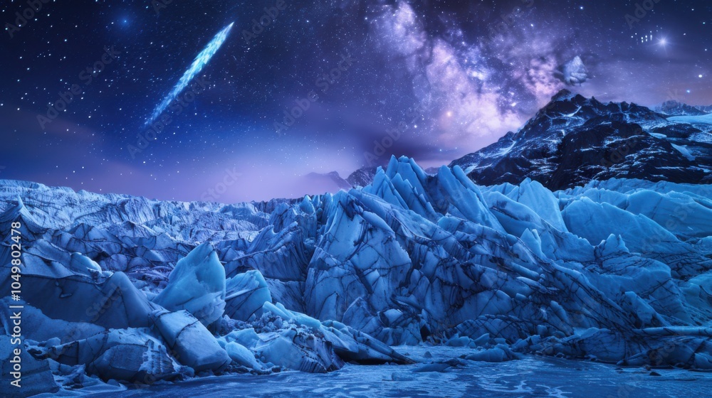 Poster A mesmerizing view of a high-altitude glacier with angular, jagged ice formations and a rare, bright comet streaking across the twilight sky