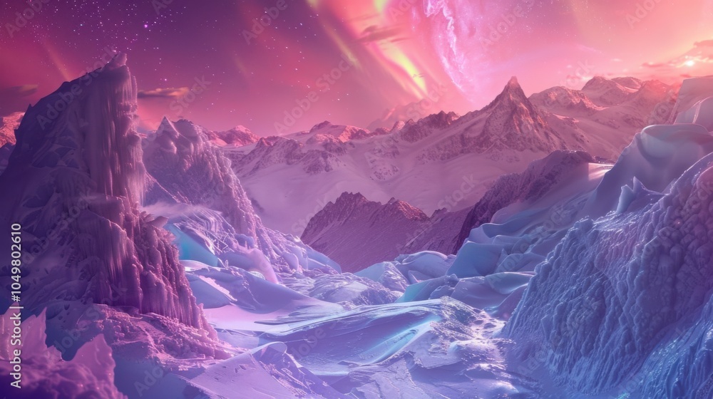 Poster a mesmerizing view of a high-altitude glacier with intricate, crystalline ice formations and a rare,