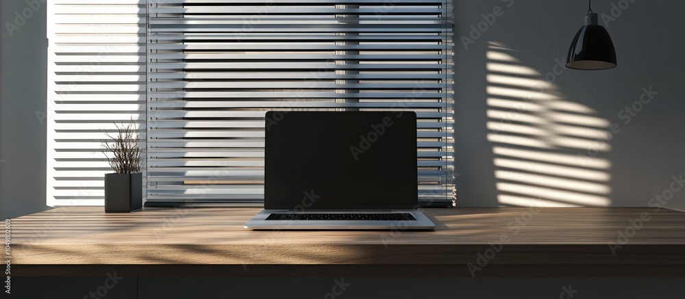 Poster Office workspace featuring a laptop on a wooden desk in front of a window with blinds Toned. with copy space image. Place for adding text or design