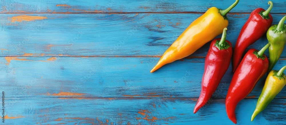 Aufkleber colorful background of peppers on a blue wooden table. with copy space image. place for adding text 