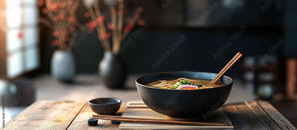 Leinwandbilder japanese cuisine soba noodles served with soup on a wooden table. with copy space image. place for a
