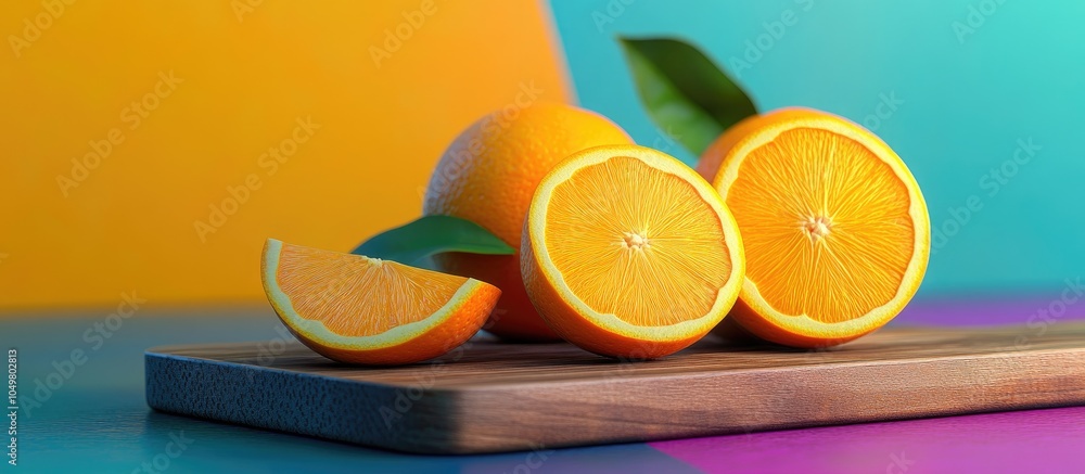 Aufkleber Ripe tasty cut and whole oranges on a wooden cutting board against a vibrant background. with copy space image. Place for adding text or design