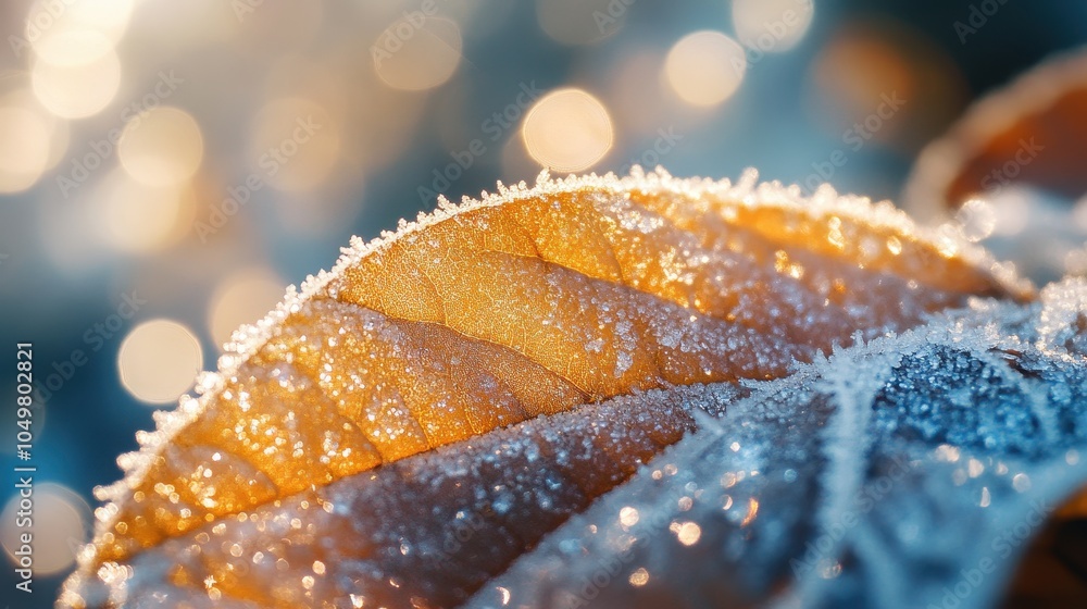 Poster frosted leaf with sparkling bokeh