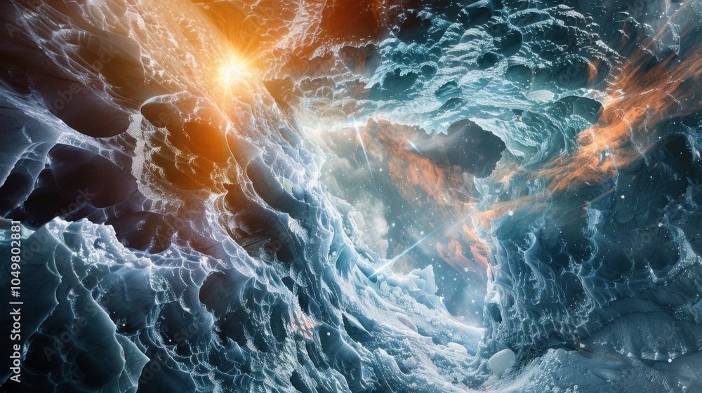 Poster a mesmerizing view of a high-altitude ice cave with complex, fractal ice formations and a rare, brig