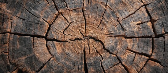 Fototapeta premium Stump featuring deep wide cracks Cut surface of dry wood showing saw marks Top view Selective focus Copyspace
