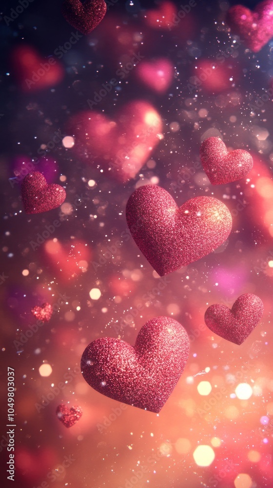 Poster glittering hearts floating in a red and orange bokeh background