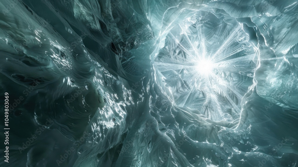 Poster a mesmerizing view of a high-altitude ice cave with complex, fractal ice formations and a rare, brig