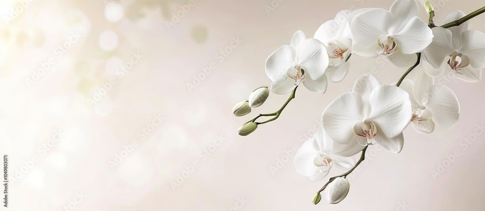 Poster Branch of a lovely white orchid in soft pastel hues. with copy space image. Place for adding text or design