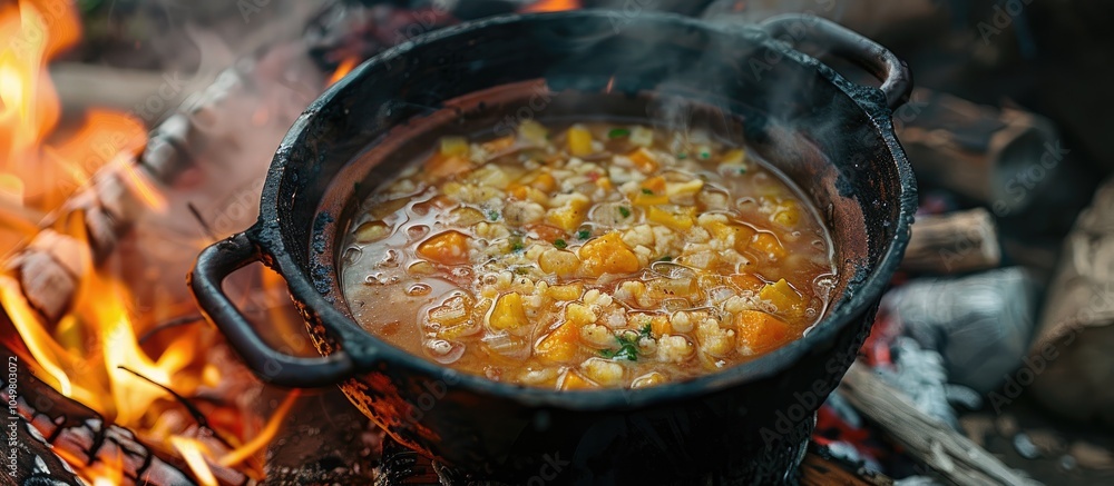 Poster tasty soup simmering in a pot over the fire shown in close up. with copy space image. place for addi