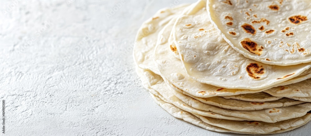 Poster A pile of delicious homemade tortillas on a white table with space for text. with copy space image. Place for adding text or design