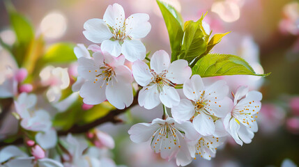 Obraz premium Close-up of delicate white cherry blossoms in full bloom on a branch with green leaves and a soft, blurred background.