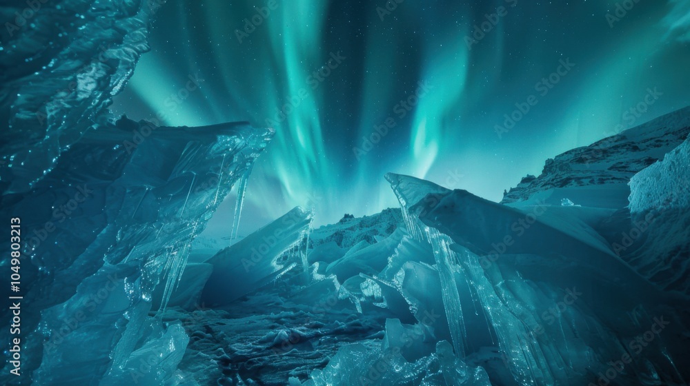 Poster a mesmerizing view of a high-altitude ice dome with transparent ice columns and a rare, deep blue au