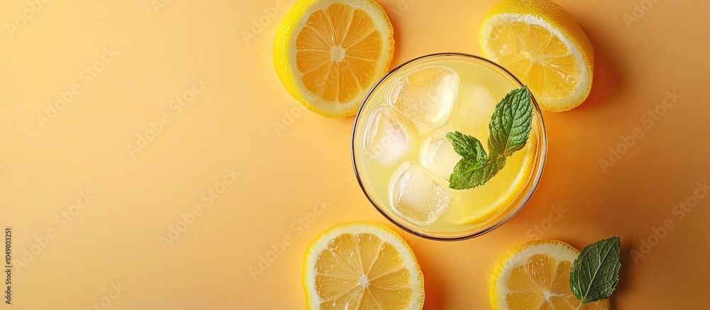 Poster chilled refreshing summer lemonade with ice and lemon slices garnished with mint leaves in a tall gl