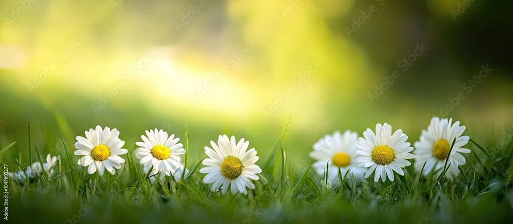 Fototapete daisy flowers in the grass with a green shallow depth of field lovely daisy flowers in their natural