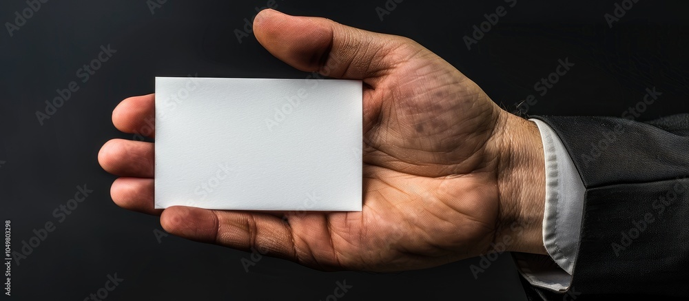 Poster A man s hand presenting a blank white business card. with copy space image. Place for adding text or design