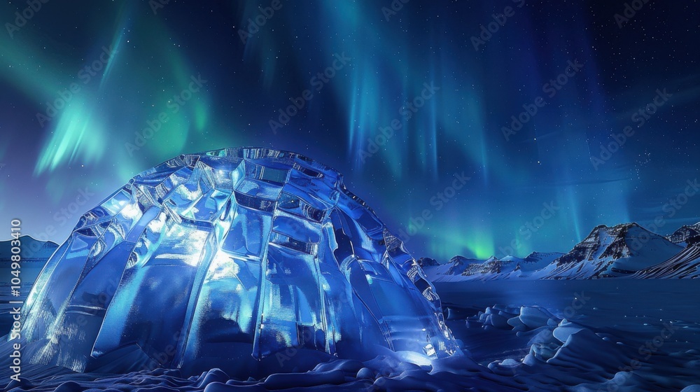 Poster a mesmerizing view of a high-altitude ice dome with transparent ice columns and a rare, deep blue au