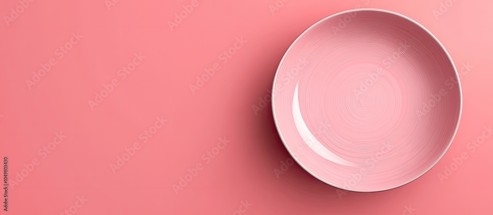 Fototapete Top view of an isolated colored background with an empty round pink plate for food Blank dish with room for your design. with copy space image. Place for adding text or design
