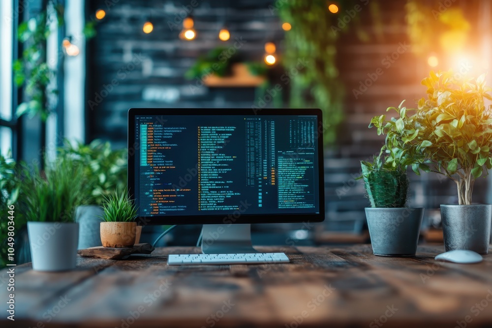 Aufkleber modern workspace with computer monitors displaying coding in a greenery-filled office during sunset