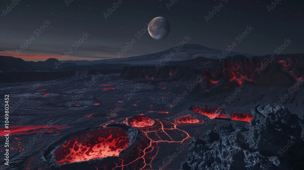 Poster a mesmerizing view of a high-altitude plateau with ancient volcanic craters and sprawling lava field