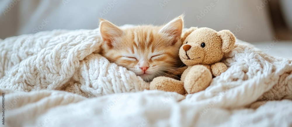 Aufkleber A cozy little kitten is sleeping with its favorite teddy bear under a warm white blanket on a bed at home Empty space for text. with copy space image. Place for adding text or design