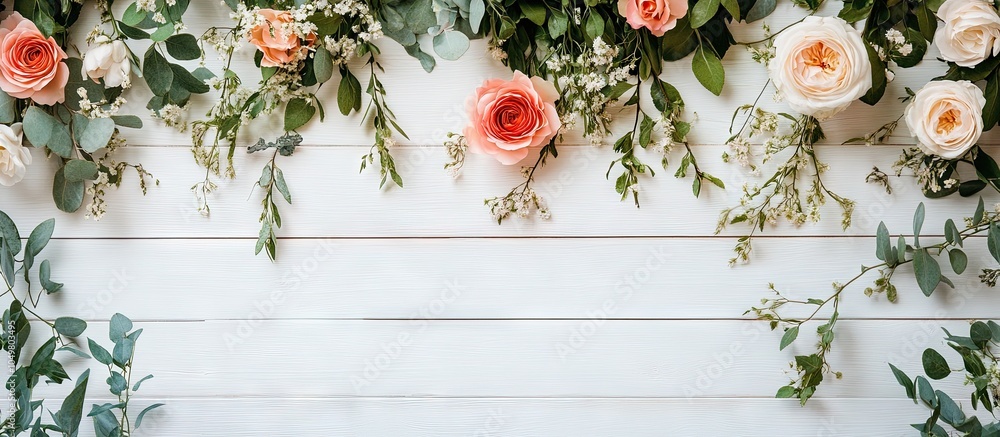 Poster top view of wedding blooms on a white wooden background. with copy space image. place for adding tex
