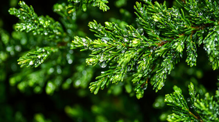 Fototapeta premium Close-up of dew drops on green evergreen needles.