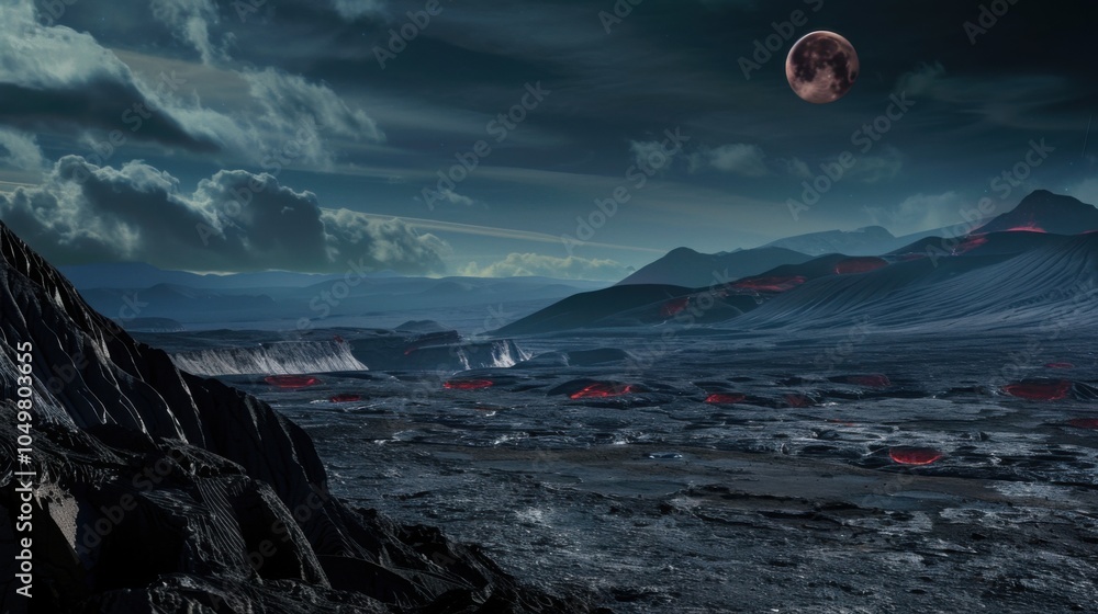 Poster a mesmerizing view of a high-altitude plateau with ancient volcanic craters and sprawling lava field