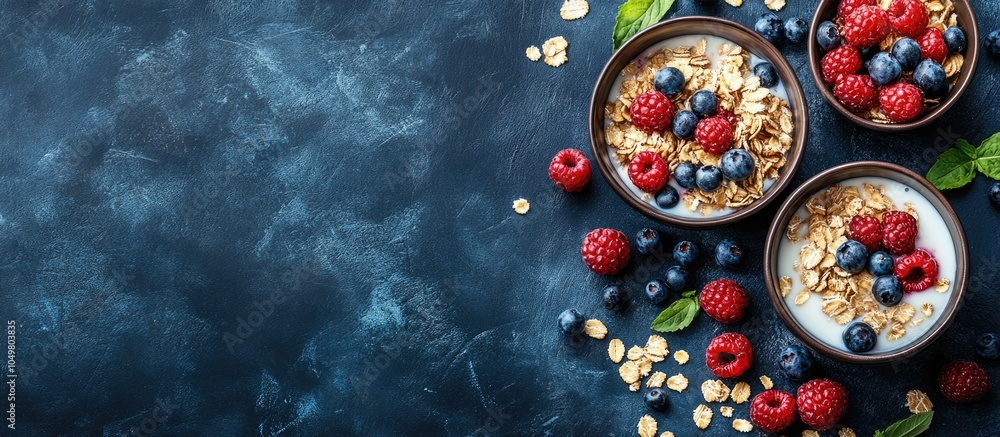 Poster nutritious breakfast muesli made from cereals with milk and berries. with copy space image. place fo