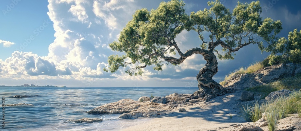 Poster an ancient tree by the shore. with copy space image. place for adding text or design