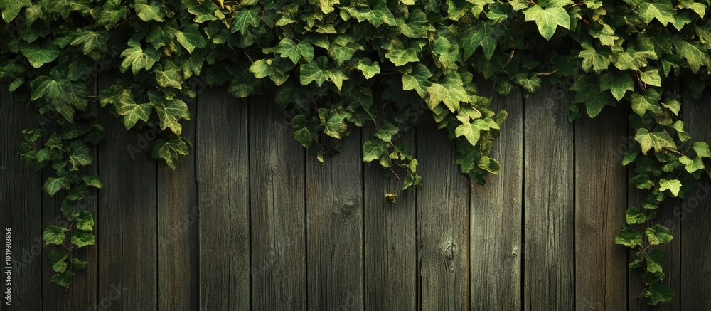 Aufkleber Ivy Hanging Down an Old Wooden Fence with Area for Text Image. with copy space image. Place for adding text or design
