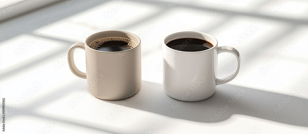 Poster Angled view of two coffee mugs one with creamer and the other with black coffee. with copy space image. Place for adding text or design