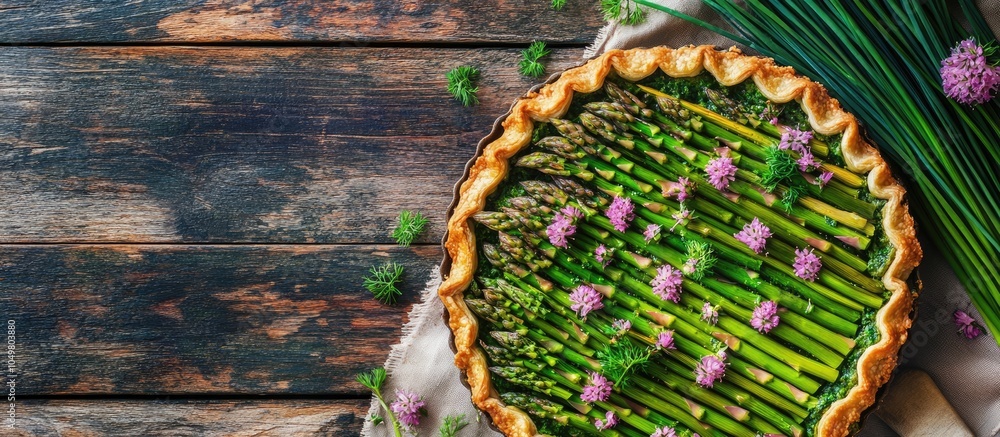 Aufkleber green asparagus and sweet peas tart topped with edible chive flowers overhead view of a seasonal spr