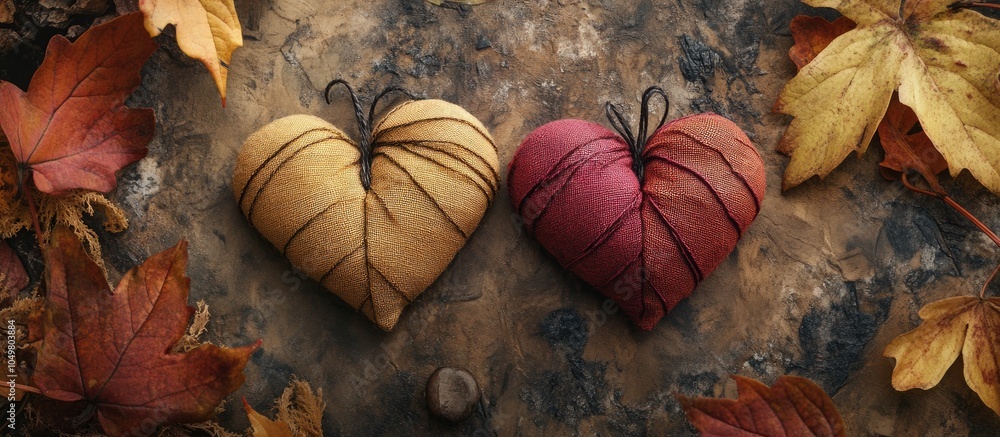 Poster two handmade cloth hearts wedding invitation card for valentine s day fall scenery. with copy space 