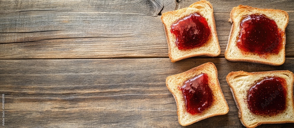 Leinwandbilder toasted bread slices topped with butter and jam on a wooden table flat lay copyspace available for t