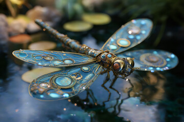 Fototapeta premium A Steampunk Dragonfly Hovering Over a Pond, Wings Made of Fine Mesh Gears and Clockwork Parts, Reflecting Light in a Magical Glow Against the Water