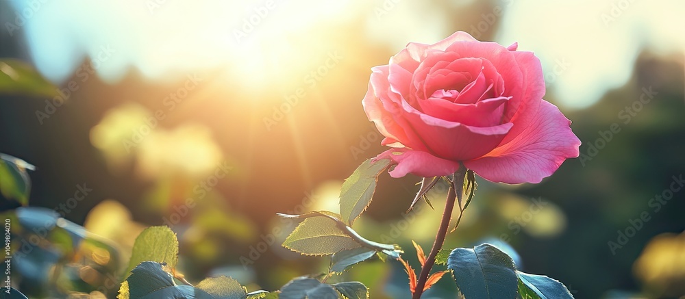 Aufkleber close up of a bright pink rose opening on a sunny italian day. with copy space image. place for addi