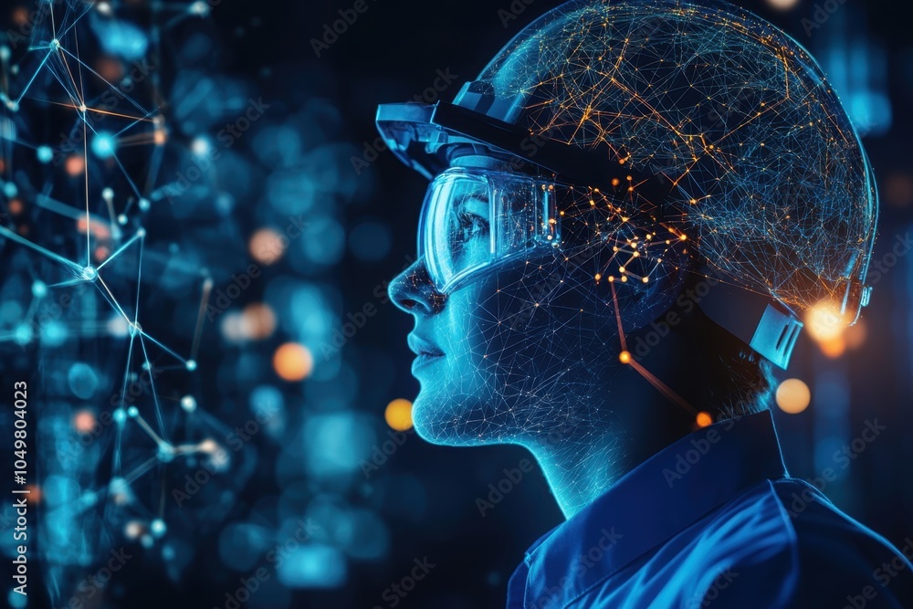 Poster innovative scientist wearing a futuristic helmet while analyzing data in a high-tech environment