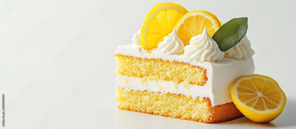 Poster Elegant Lemon Cake topped with Cream and Caramelized Lemon Slices against a White Background A stylish dessert for holiday celebrations. with copy space image. Place for adding text or design