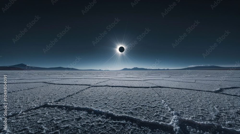 Poster a mesmerizing view of a high-altitude salt flat with symmetrical, geometric salt patterns and a rare