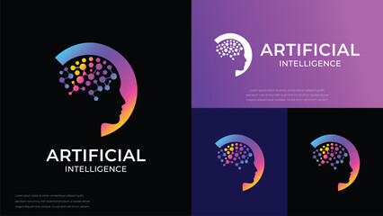 artificial intelligence logo, future technology logo vector, Isolated vector emblem stylized human brain with neural networks, Scientific development of ai data technology algorithms and robotics