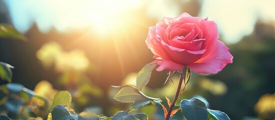 Obraz premium Close up of a Bright Pink Rose Opening on a Sunny Italian Day. with copy space image. Place for adding text or design